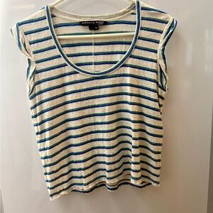 Veronica Beard Cream and Blue Fitted Tee with Scoop Neckline